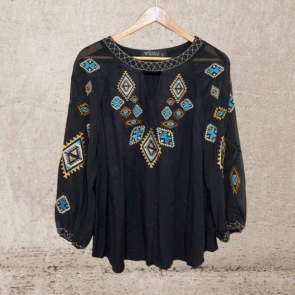 Lucky & Blessed Tops - Black Tribal Embroidered Women's Top